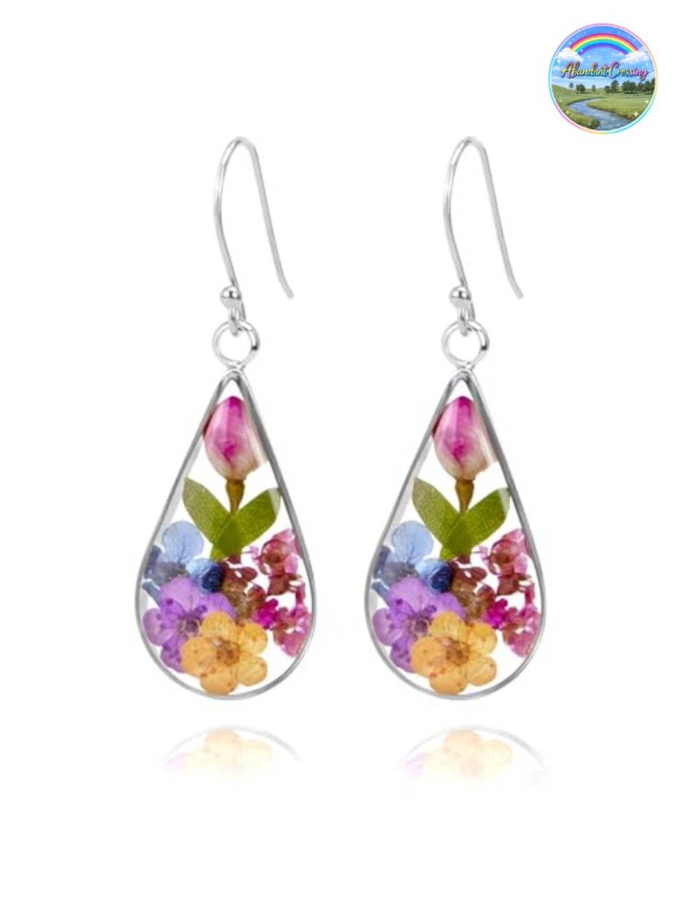 925 Sterling Silver Pressed Flower Teardrop Earrings Handmade Dried Flower